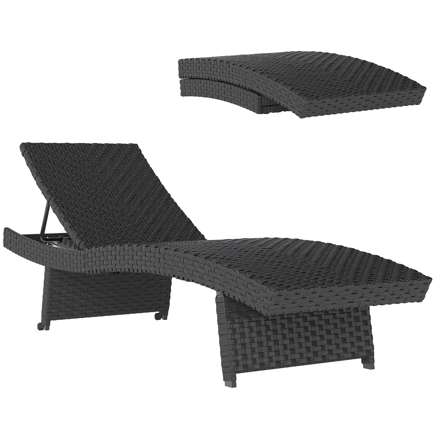 Outsunny Outdoor PE Rattan Leżak, składany wiklinowy leżak ogrodowy z oparciem regulowanym na 4 poziomach, rolowany leżak z kółkami, antypoślizgowe nogi na balkon, plaża, czarny