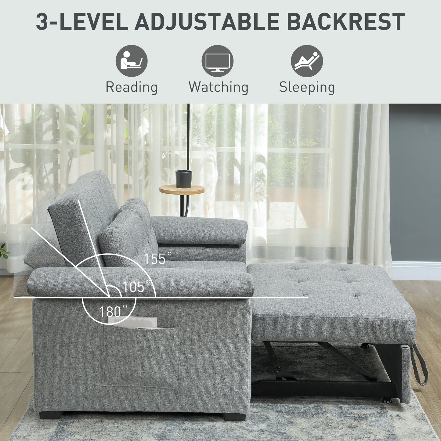 HOMCOM Pull Out Sofa Bed, Fabric 2 Seater Click Clack Sofa Bed Settee with 2 Pocket Springs, Convertible Sofa Couch with Pillows and Side Pockets for Living Room, Home Office, Light Grey