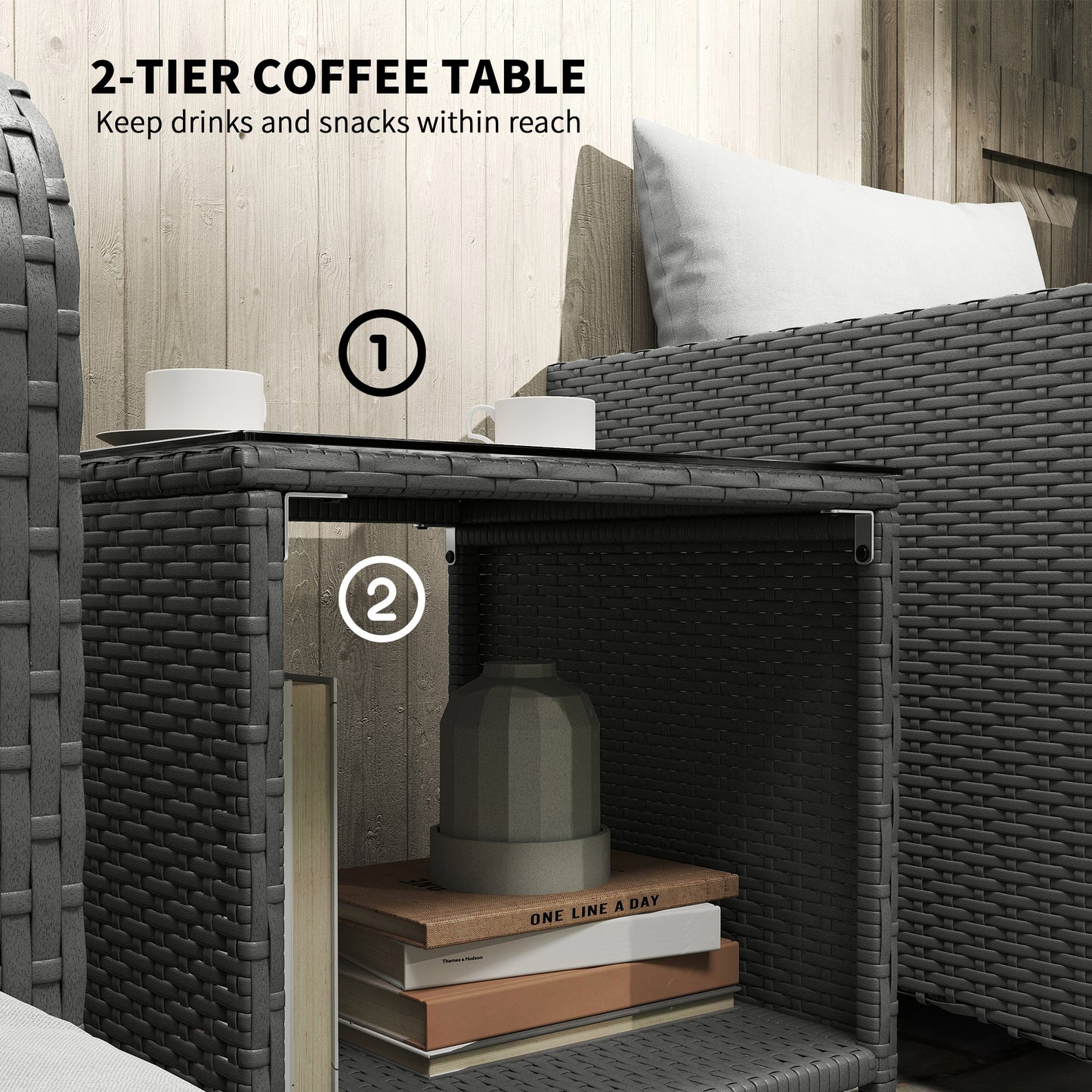 Zestaw mebli ogrodowych Outsunny Five Piece Rattan z 2-poziomowym stolikiem kawowym i pufami - kremowo-biały