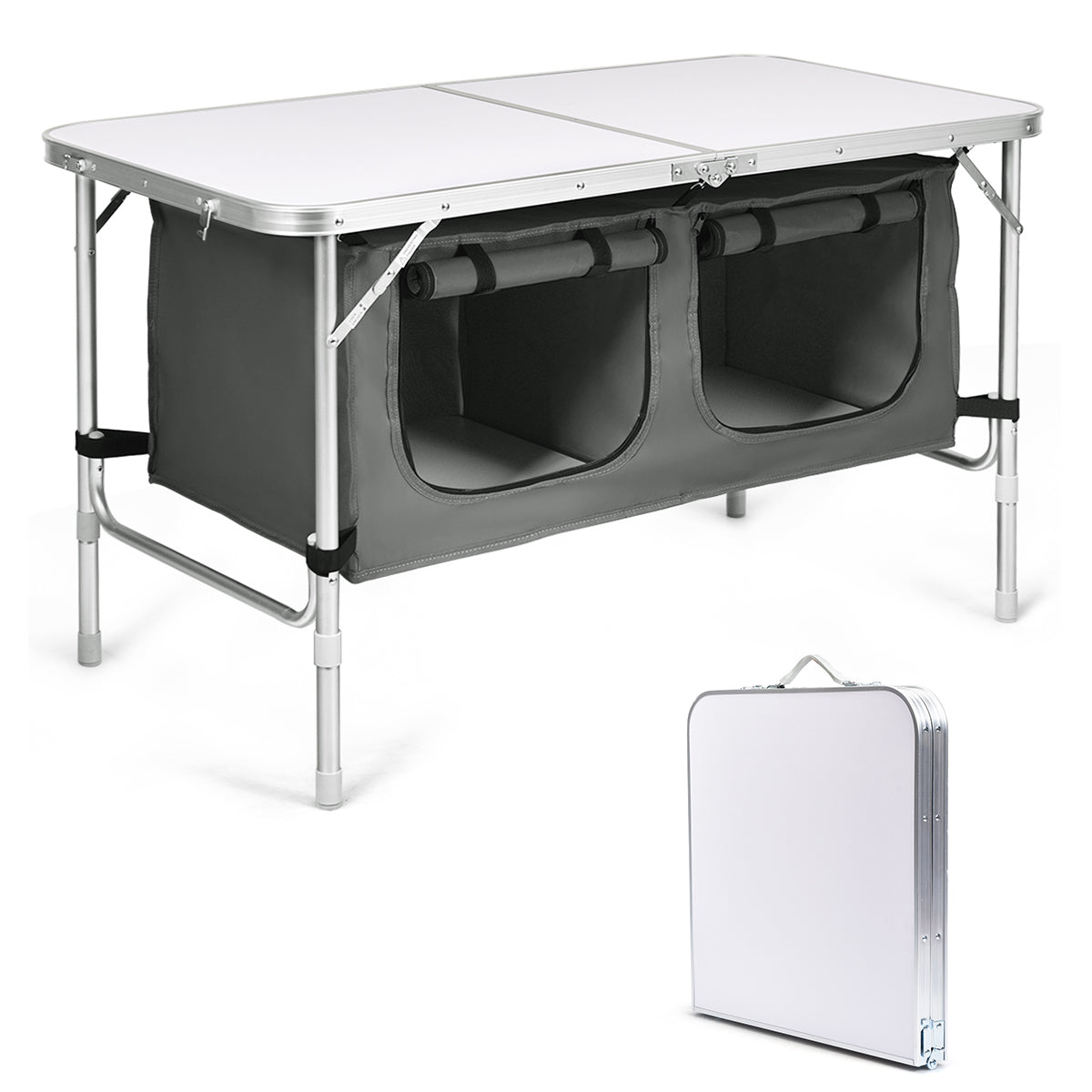 Portable Outdoor Aluminum Picnic Table with Zippered Storage Organizer for BBQ/Party