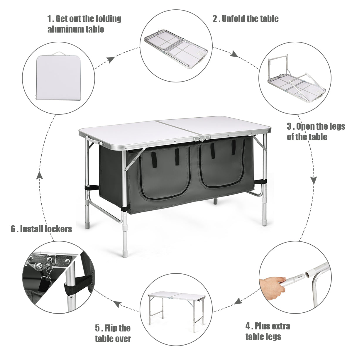 Portable Outdoor Aluminum Picnic Table with Zippered Storage Organizer for BBQ/Party
