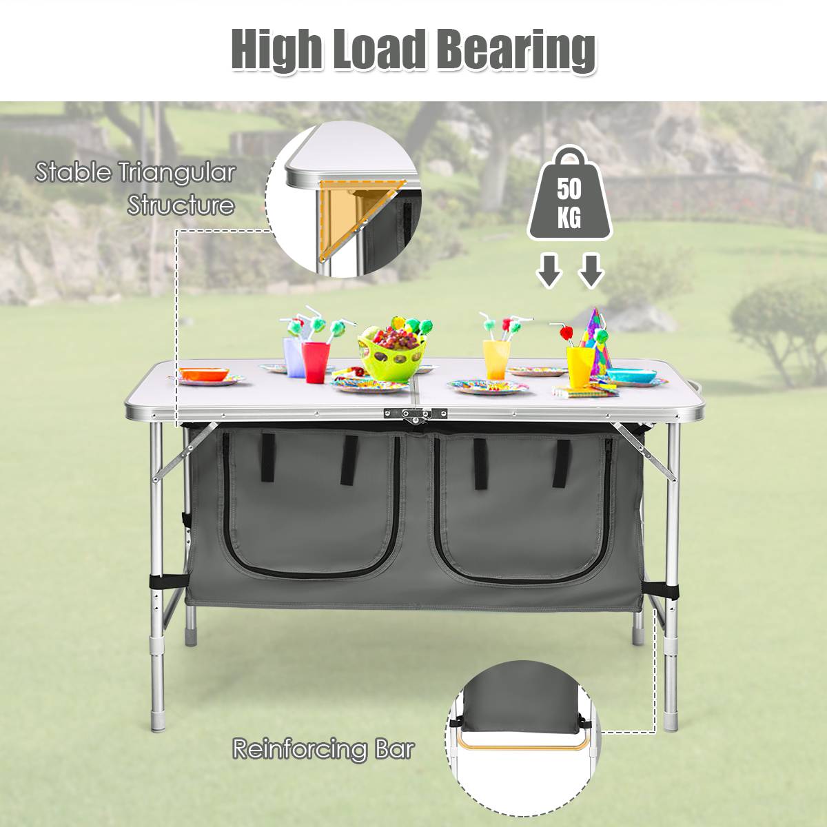 Portable Outdoor Aluminum Picnic Table with Zippered Storage Organizer for BBQ/Party