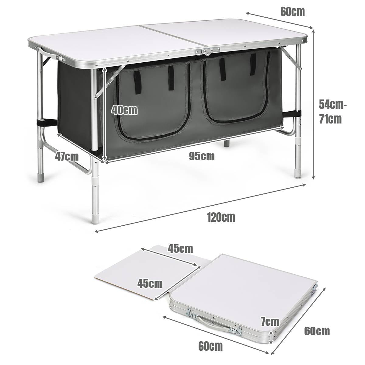 Portable Outdoor Aluminum Picnic Table with Zippered Storage Organizer for BBQ/Party