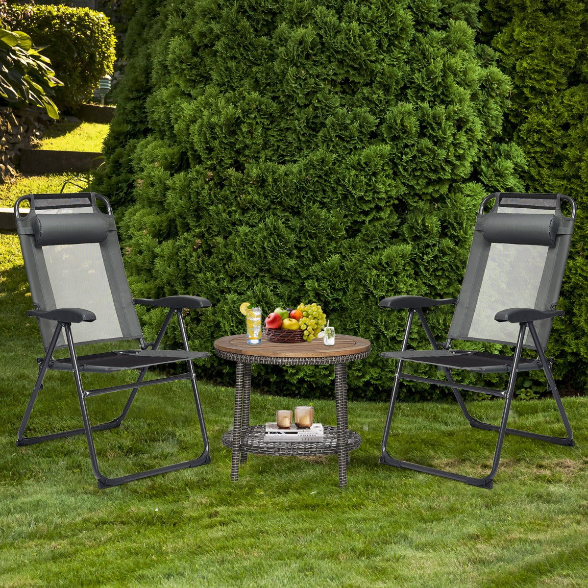 Patio Folding Chairs Set of 2 with Wide Armrests and 7-Level Backrest for Camping Backyard Garden-Grey