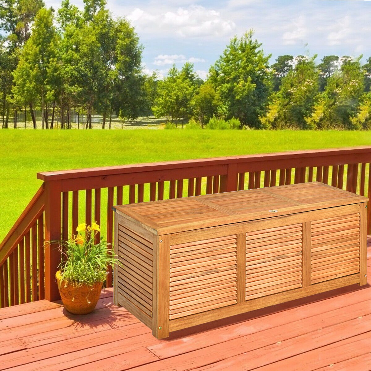 180L Acacia Wood Deck Box with Flexible Hinges and Handle