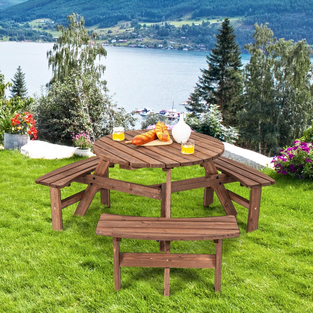 6-Person Outdoor Wooden Round Picnic Table with Built-in Benches