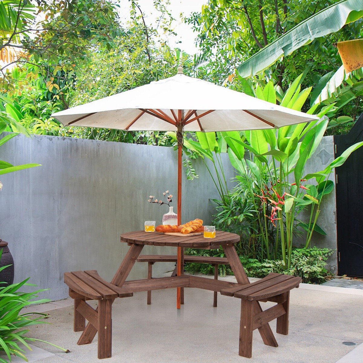 6-Person Outdoor Wooden Round Picnic Table with Built-in Benches