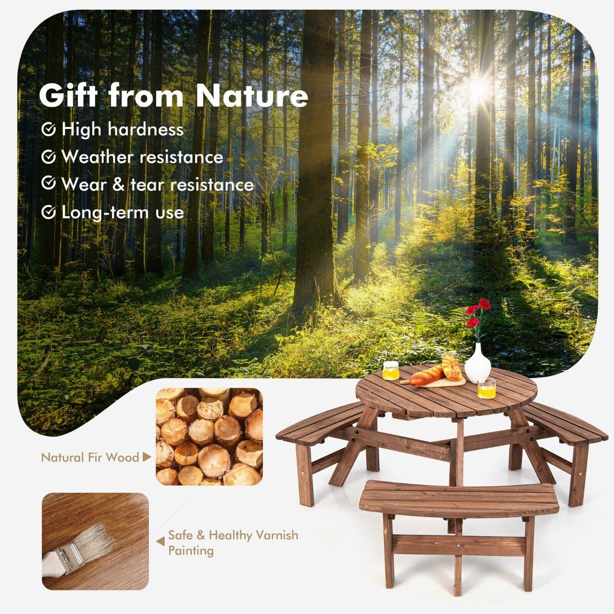 6-Person Outdoor Wooden Round Picnic Table with Built-in Benches