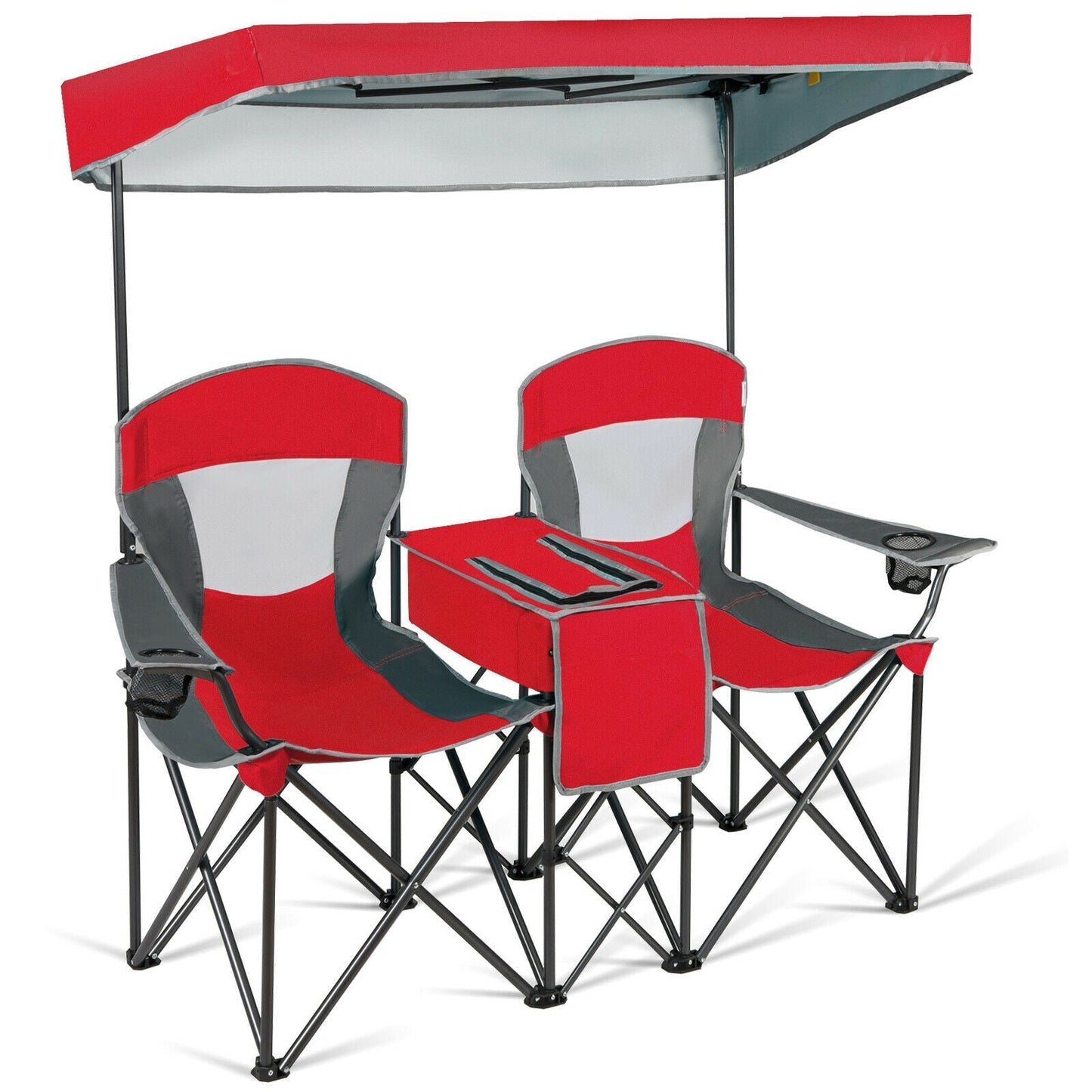 Double Folding Camping Chair with Canopy and Armrests-Red