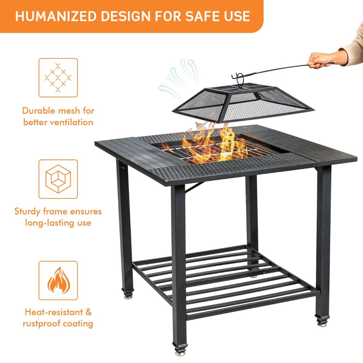 4 in 1 Outdoor Fire Pit with Mesh Cover and Removable Lid