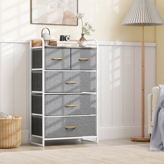 Vertical Dresser Storage Tower with Wooden Top and 5 Drawers-Grey