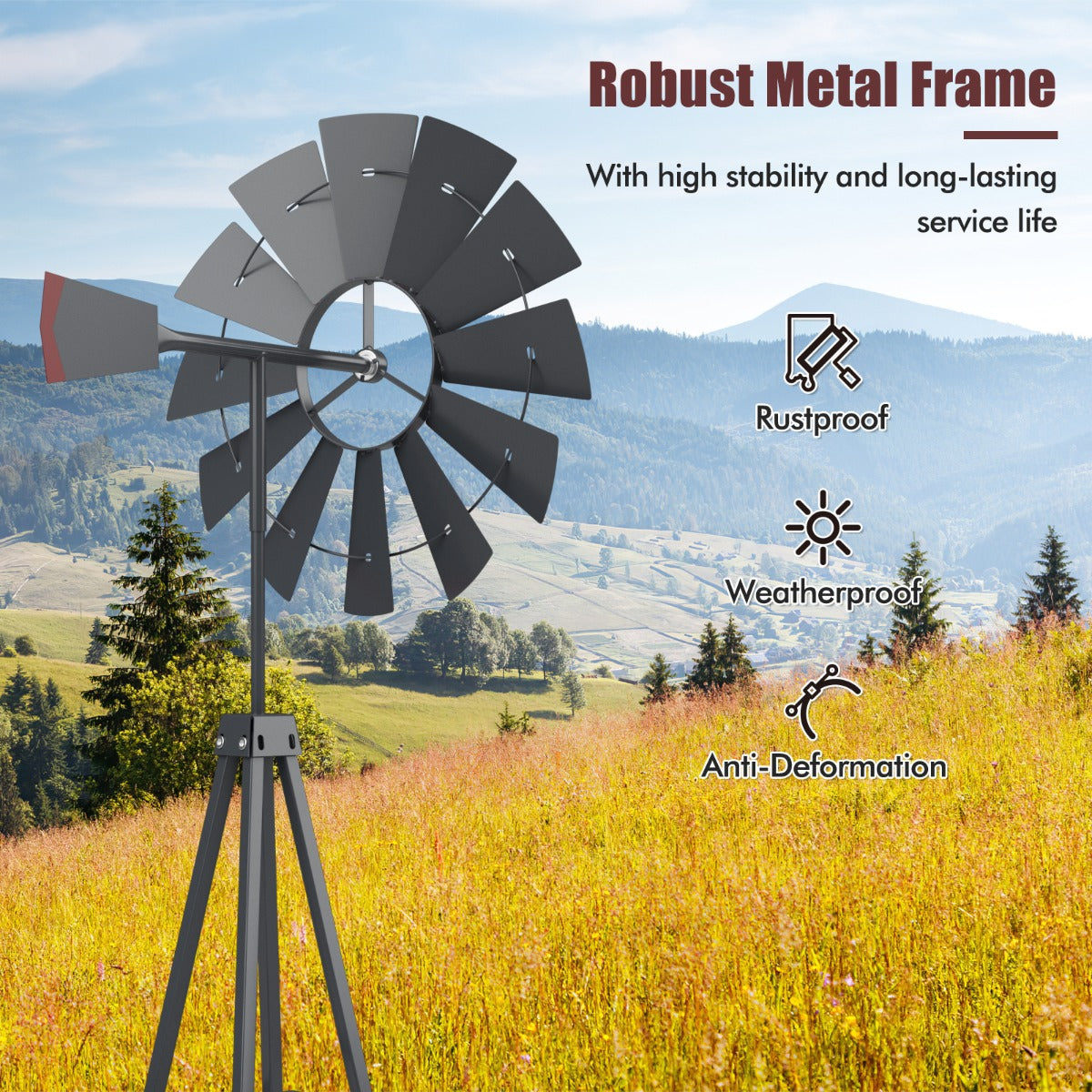 253cm Ornamental Windmill with 4 Support Legs for Backyard, Garden, Farm-Grey