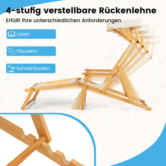 Birch Wood Chaise Lounge Chair with Adjustable Canopy Reclining Backrest and Footrest-Beige