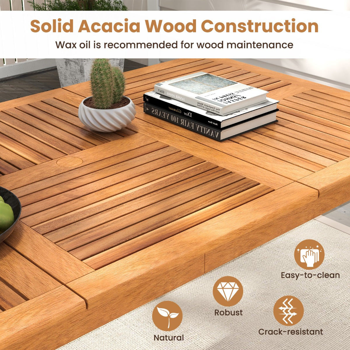 200 x 90cm Outdoor Acacia Wood Dining Table for 8 People