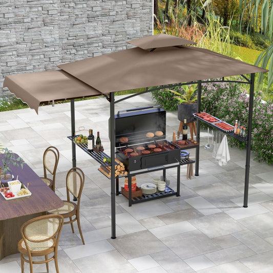 Outdoor Barbecue Canopy Tent Grill Gazebo with Side Awning-Brown