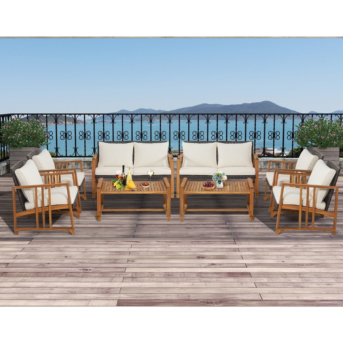 Outdoor Mix Brown Rattan Set with Acacia Wood Frame and Back Cushions-White