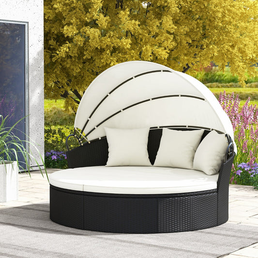 Outdoor Patio Round Daybed with Retractable Canopy and Cushions and Throw Pillows-White