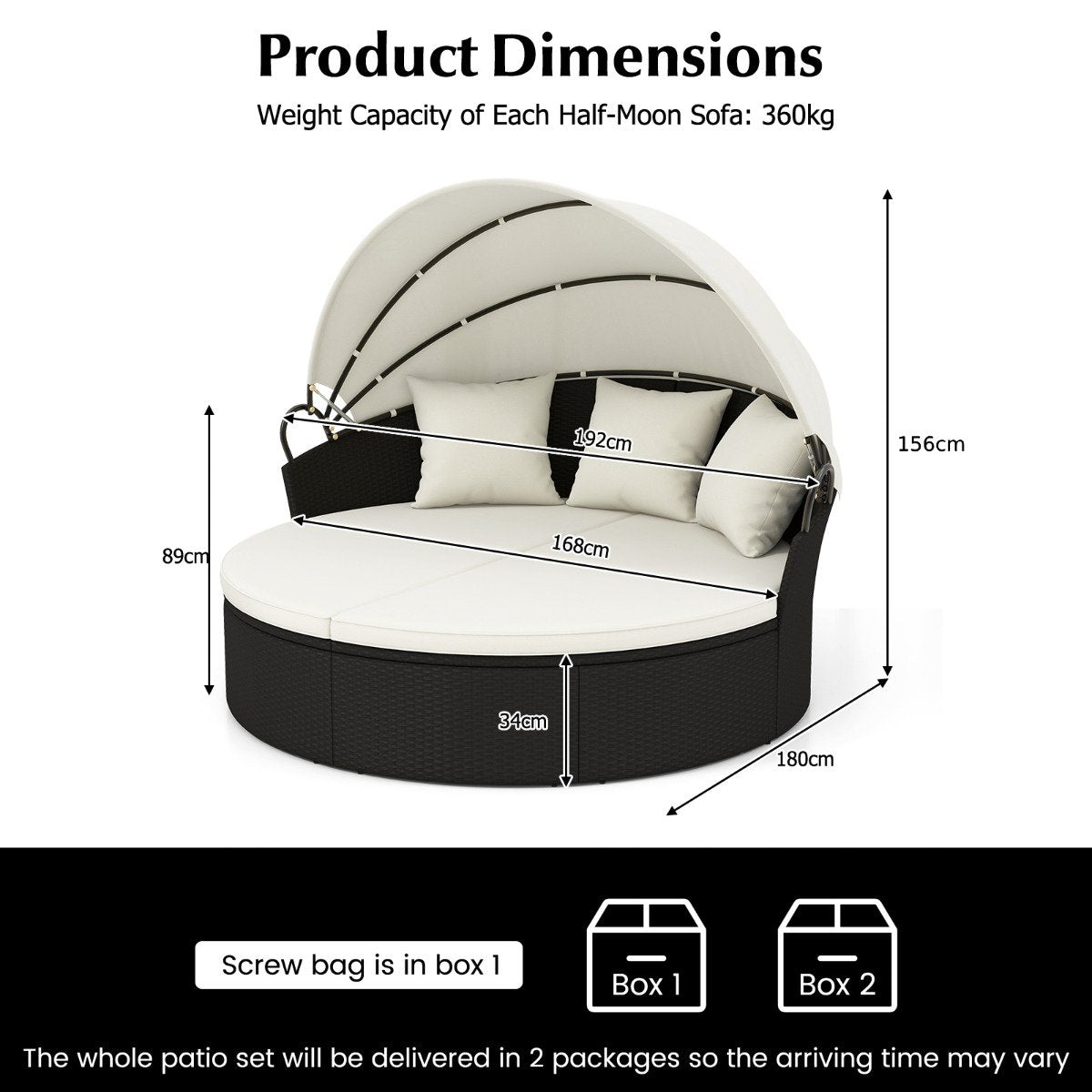Outdoor Patio Round Daybed with Retractable Canopy and Cushions and Throw Pillows-White