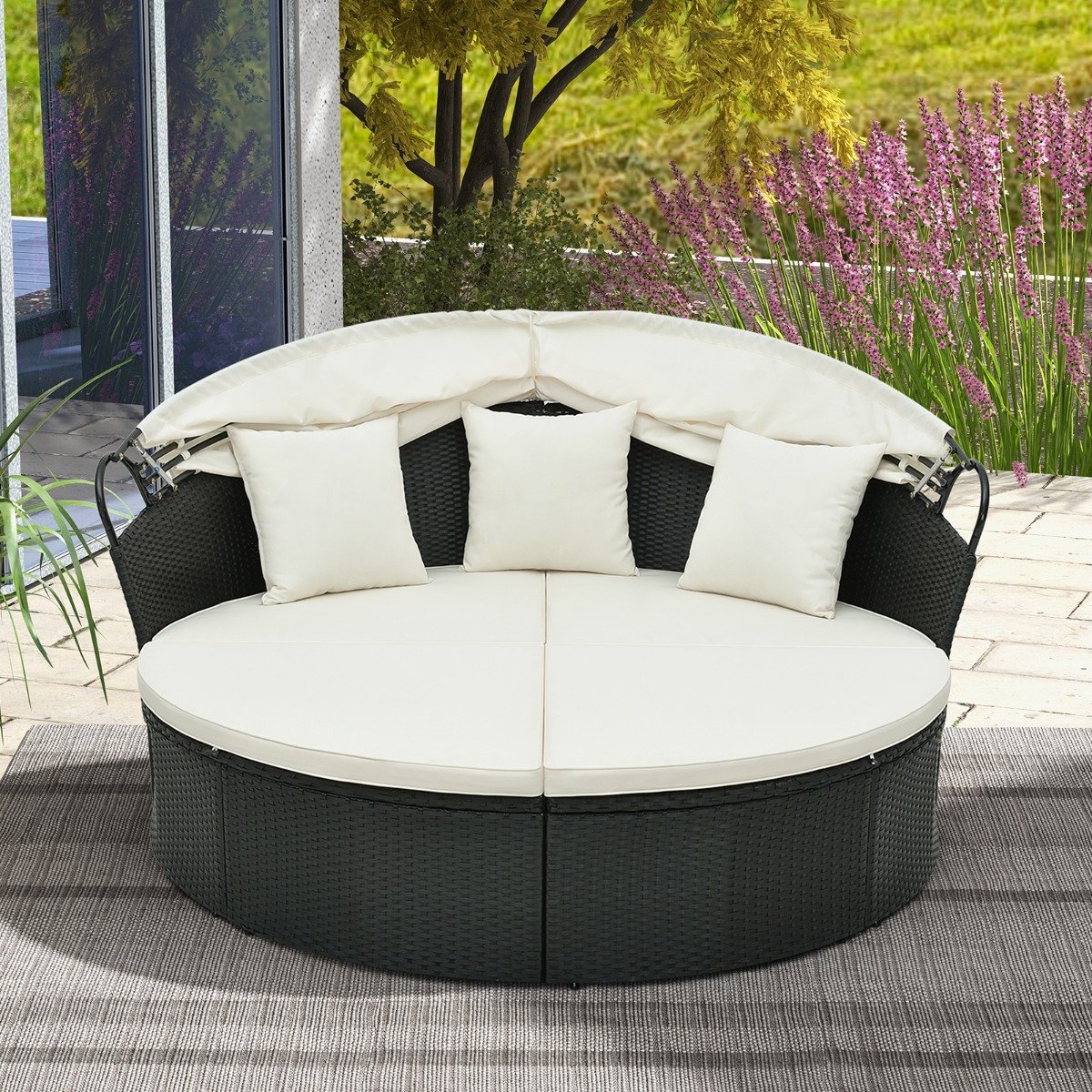 Outdoor Patio Round Daybed with Retractable Canopy and Cushions and Throw Pillows-White