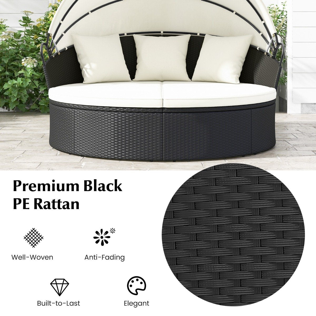 Outdoor Patio Round Daybed with Retractable Canopy and Cushions and Throw Pillows-White
