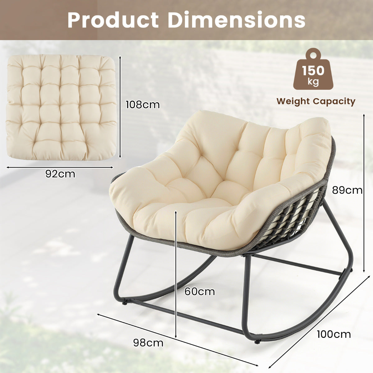 Outdoor Rocking Chair with Thick and Removable Cushion-Beige