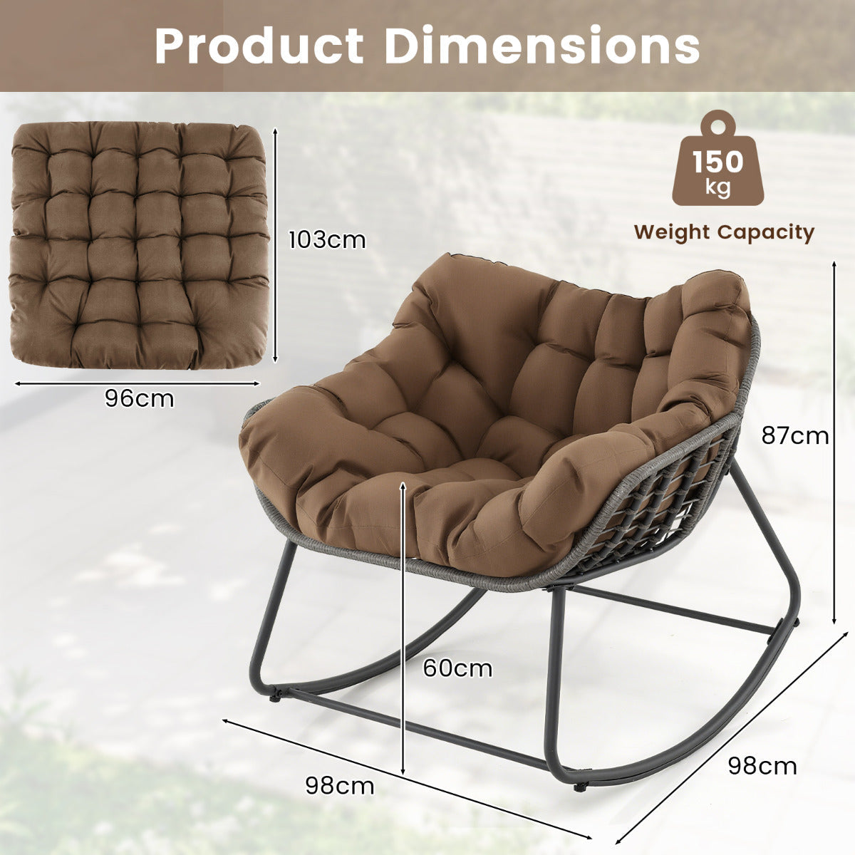 Outdoor Rocking Chair with Thick and Removable Cushion-Coffee