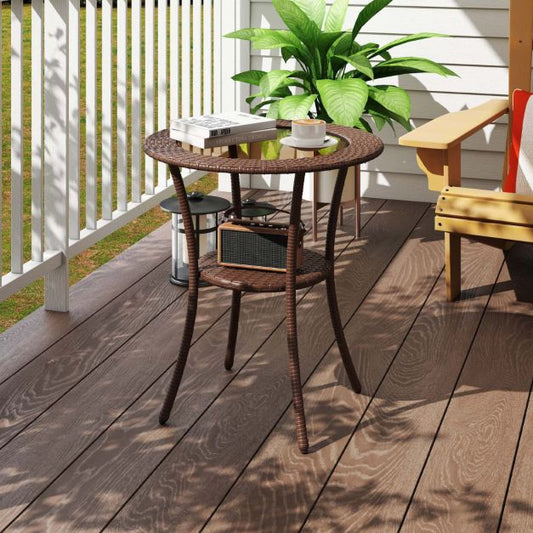 Outdoor Round Dining Table Patio Bistro Table with Tempered Glass Tabletop