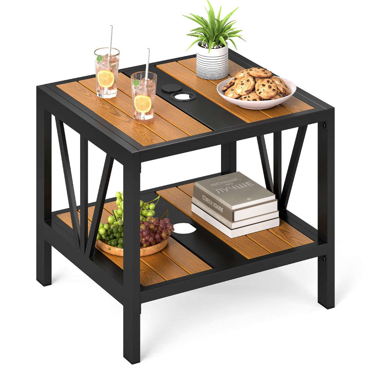 Outdoor Side Table with 4 CM Umbrella Hole and Storage Shelf