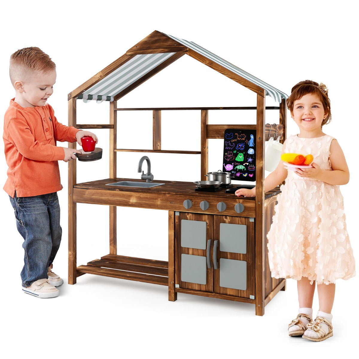 Outdoor Solid Wood Mud Kitchen with Canopy and Rotatable Faucet-Natural