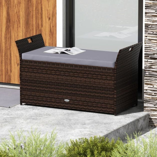 Outdoor Storage Bench with Hand-woven PE Rattan Wicker and Side Handles-Grey