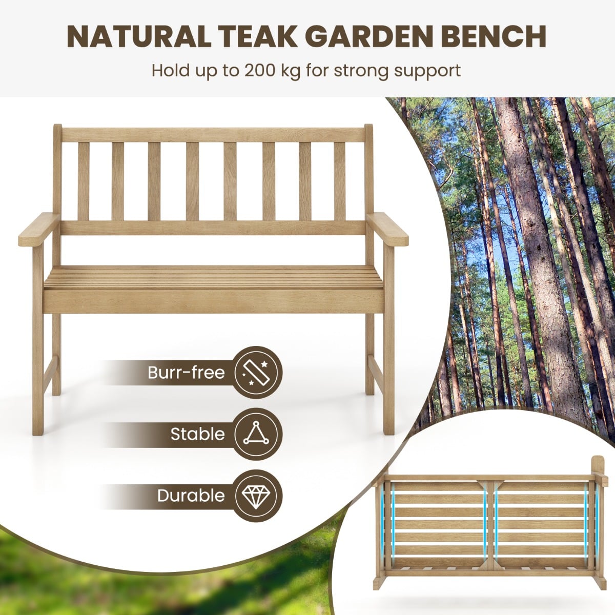 Outdoor Teak Wood Garden Bench with Backrest and Armrests