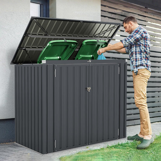 Outdoor Trash Can Storage Shed with Double Openings-Grey
