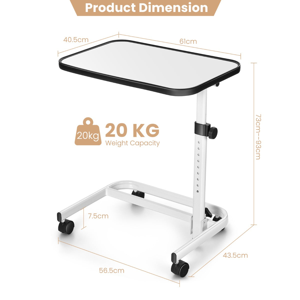 Portable Bedside Table with 9-Level Adjustable Height-White