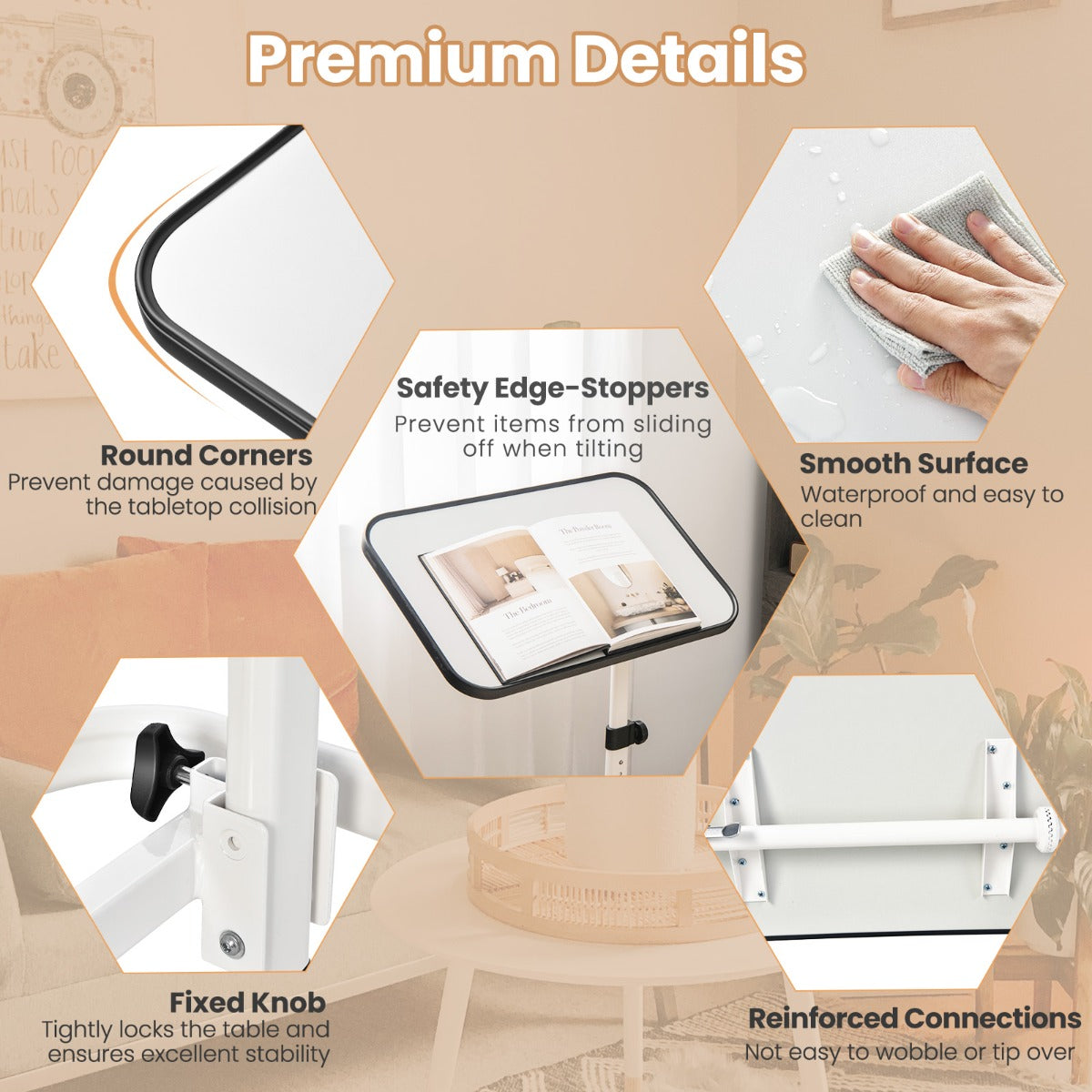 Portable Bedside Table with 9-Level Adjustable Height-White