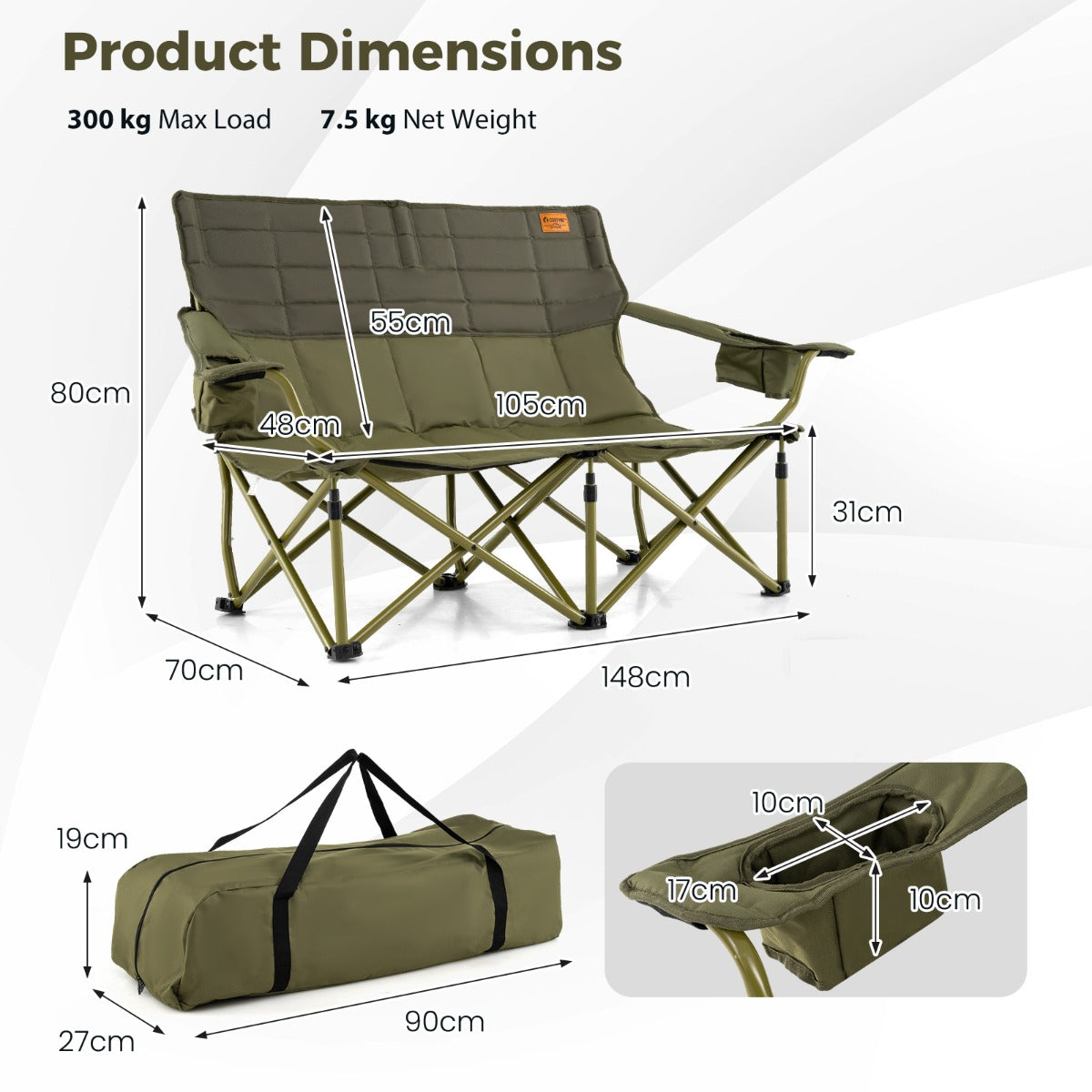 Oversized 2 Person Folding Camping Chair with Adjustable Armrests and Cup Holders-Green