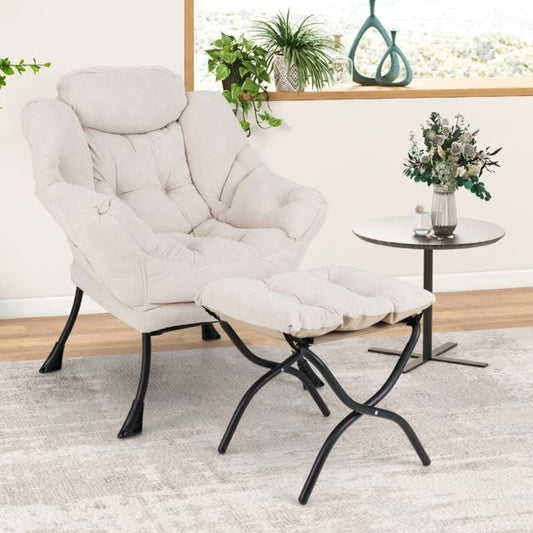 Oversized Sherpa Lounge Accent Chair with Folding Footrest and Side Pocket-Beige