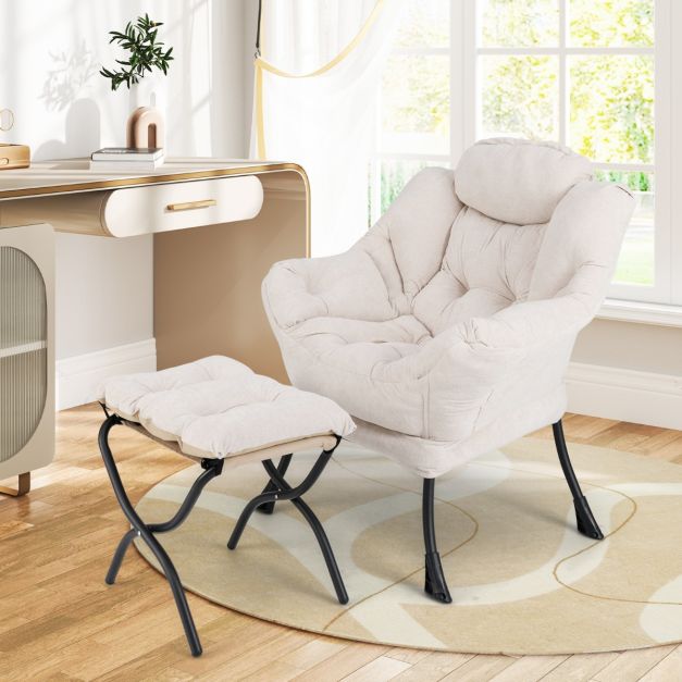 Oversized Sherpa Lounge Accent Chair with Folding Footrest and Side Pocket-Beige