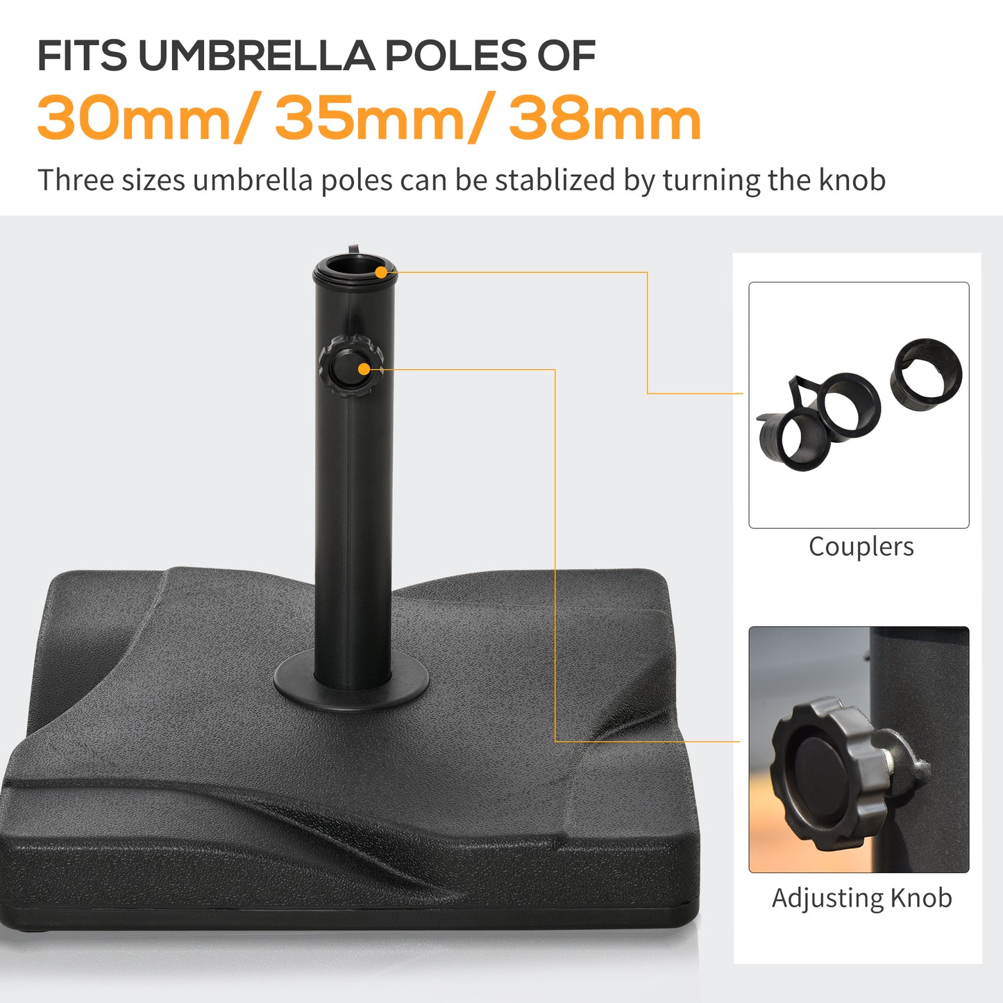 Outsunny 20kg Square Parasol Base Outdoor Garden Cement Umbrella Weight Stand Holder, Fits â32mm,â38mm,â48mm Pole - Black
