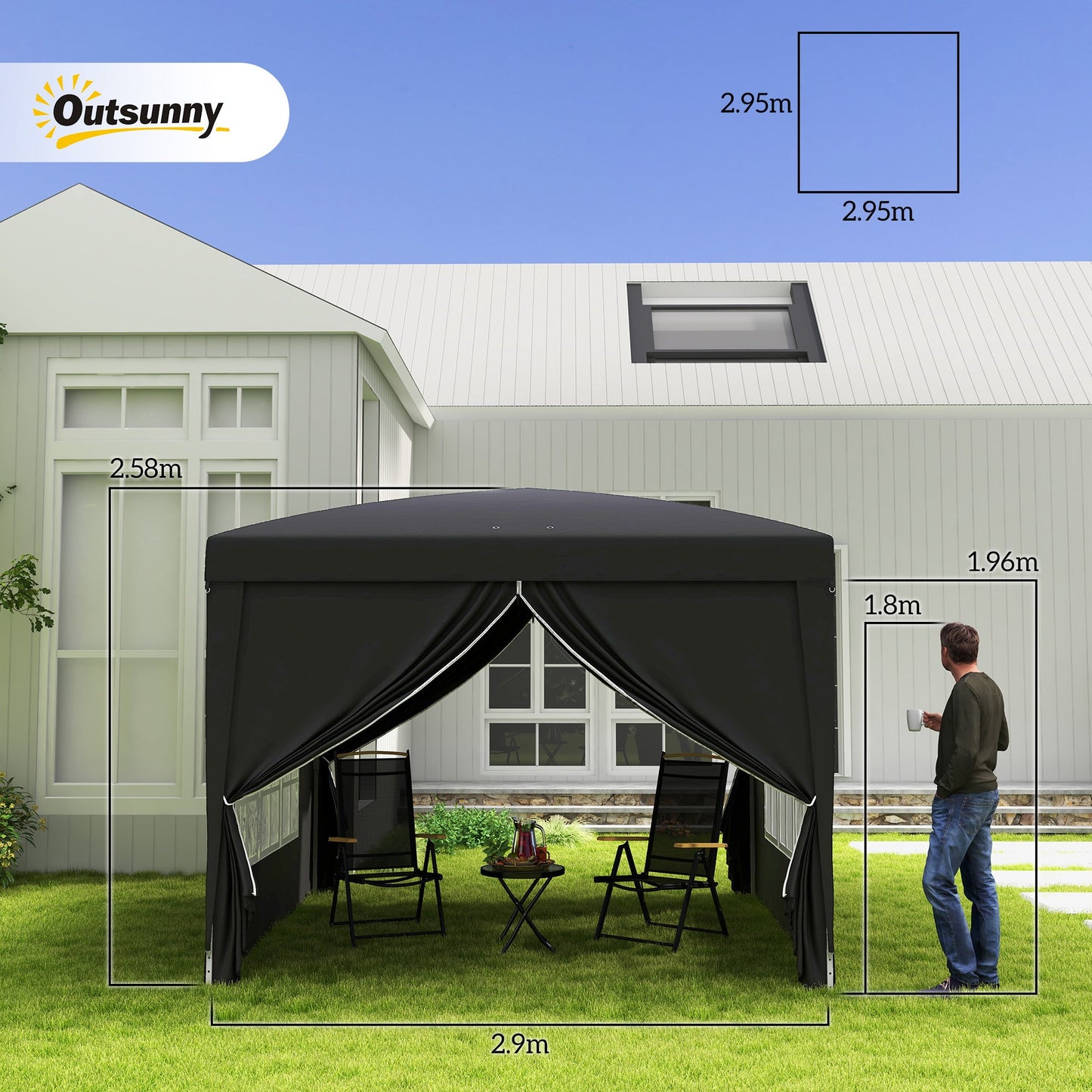 Outsunny 3 x 3(m) Pop Up Gazebo, wodoodporny i odporny na promieniowanie UV namiot imprezowy z baldachimem i torbą transportową, czarny