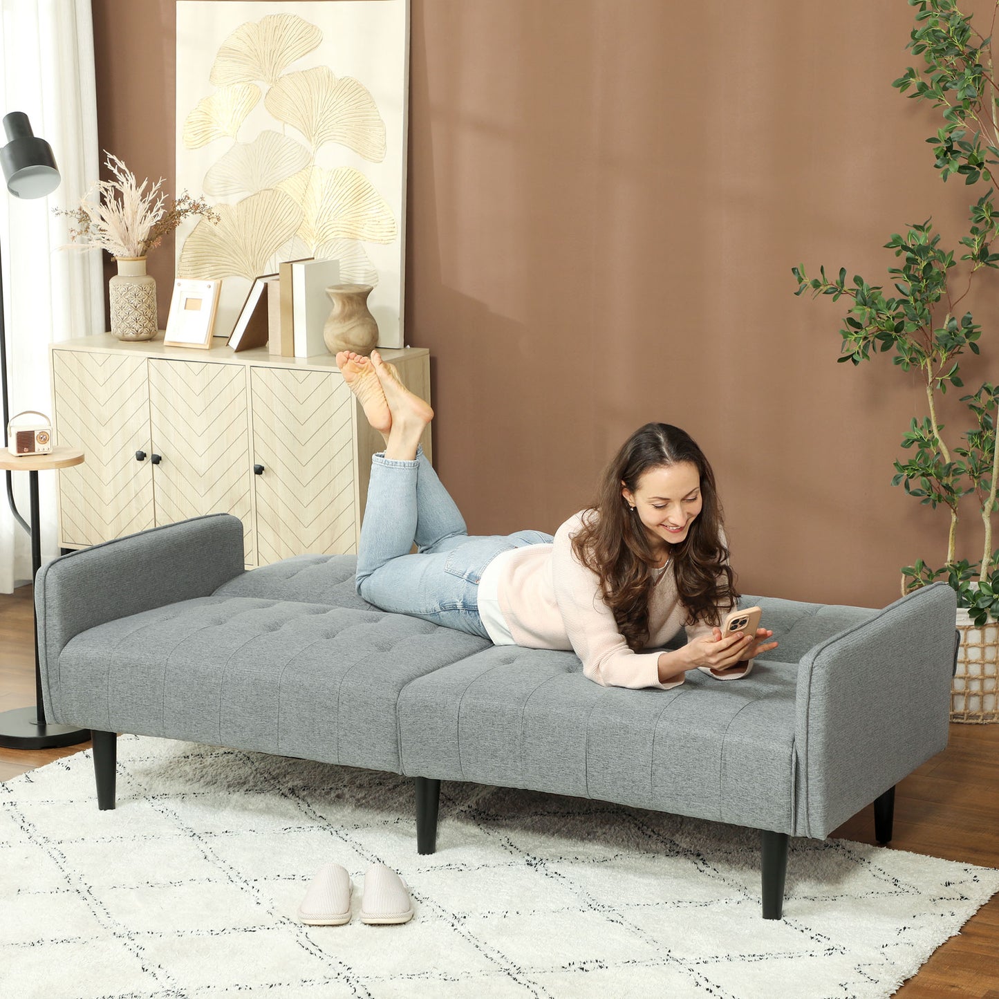 HOMCOM Upholstered Click Clack Sofa Bed, Linen-Feel 3 Seater Sofa Bed with Storage and Cupholders, Light Grey