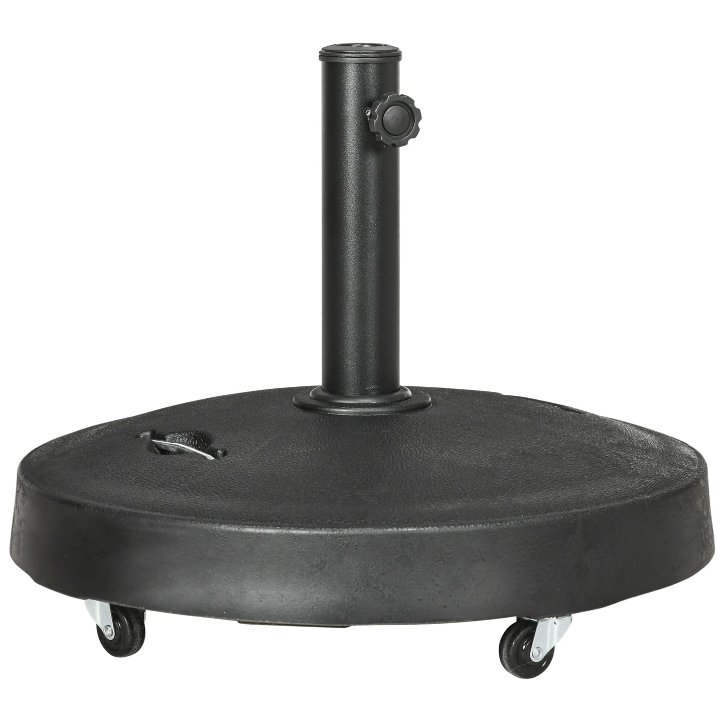 Outsunny 23.5kg Resin Garden Parasol Base with Wheels and Retractable Handles, Round Outdoor Market Umbrella Stand Weight for Poles of _38mm to _48mm, Black