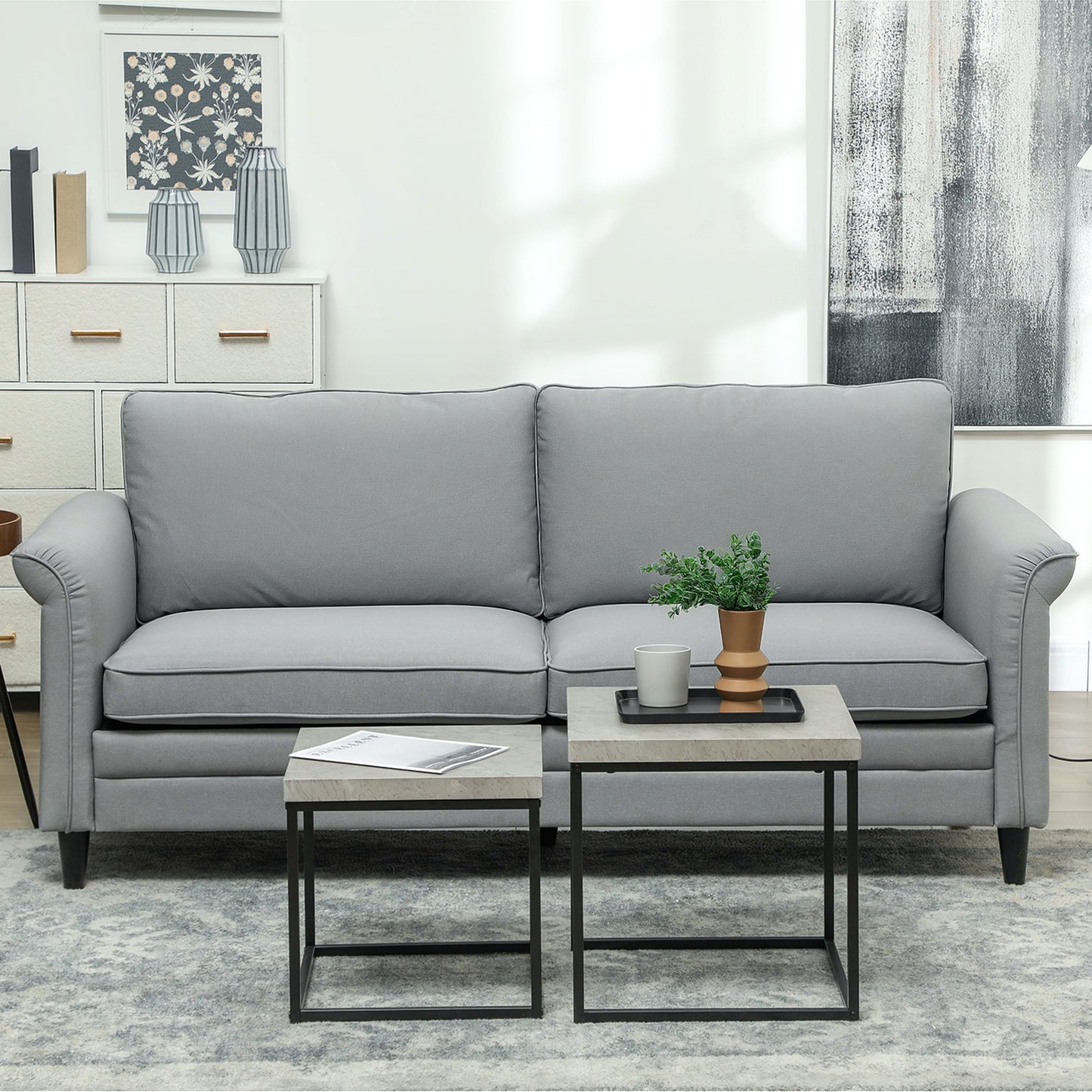 HOMCOM 3 Seater Sofa, Modern Fabric Sofa Couch with Spring Cushion, Rubber Wood Legs, 191cm Upholstered Settee for Living Room, Bedroom, Home Office, Guest Room, Grey