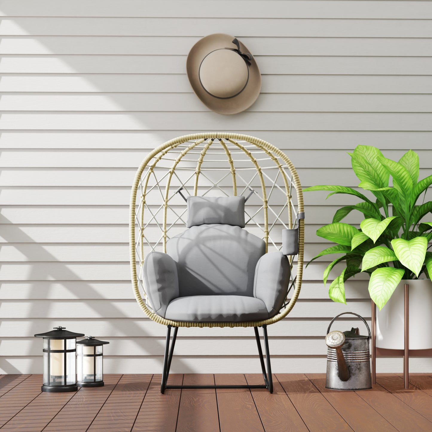 Outsunny Rattan Egg Chair Outdoor Indoor Wicker Chair z pogrubioną poduszką i zagłówkiem, stojący ogrodowy Egg Chair z uchwytem na kubek, metalowa rama na patio, balkon, szary
