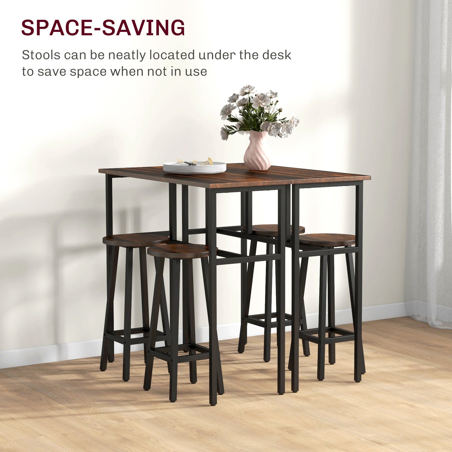 HOMCOM 6-Piece Bar Table Set, Counter Height Kitchen Dining Set with 2 High Tables & 4 Stools, Space Saving Compact Bar Furniture for Small Kitchens and Flats, Multiple Arrangements, Rustic Brown