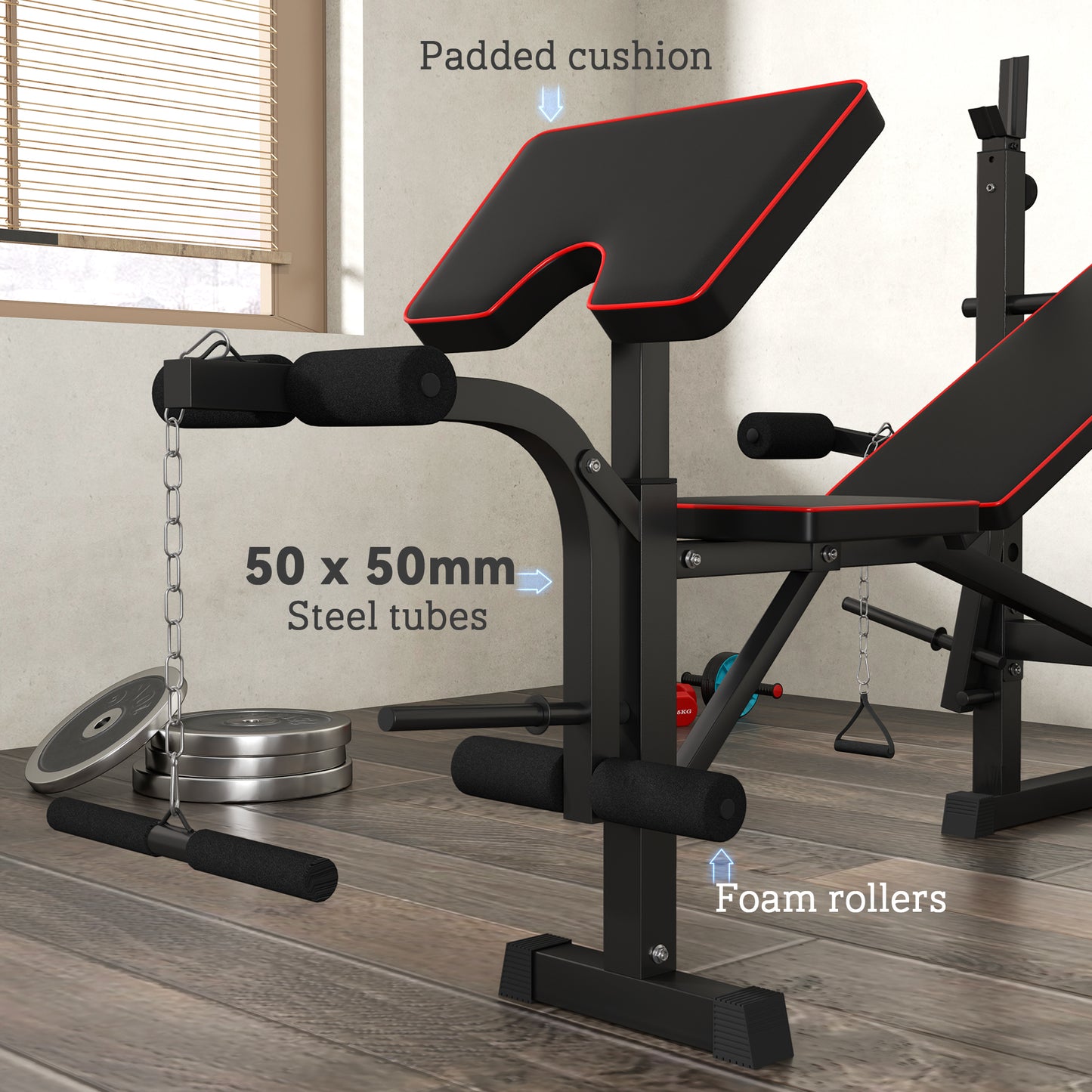 SPORTNOW Folding Weight Bench with Two Barbell Racks, Leg Curl Machine, Preacher Curl Bench, Black