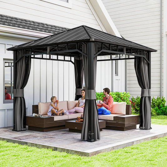 Outsunny 3 x 3(m) Hardtop Gazebo with Galvanised Steel Roof and Water Gutter, Waterproof Permanent Pavilion Garden Gazebo with Netting and Curtains for Patio, Deck