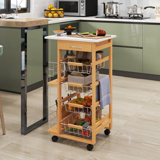 HOMCOM Rolling Kitchen Cart, Utility Storage Cart with 4 Basket Drawers & Side Racks, Wheels for Dining Room, Brown