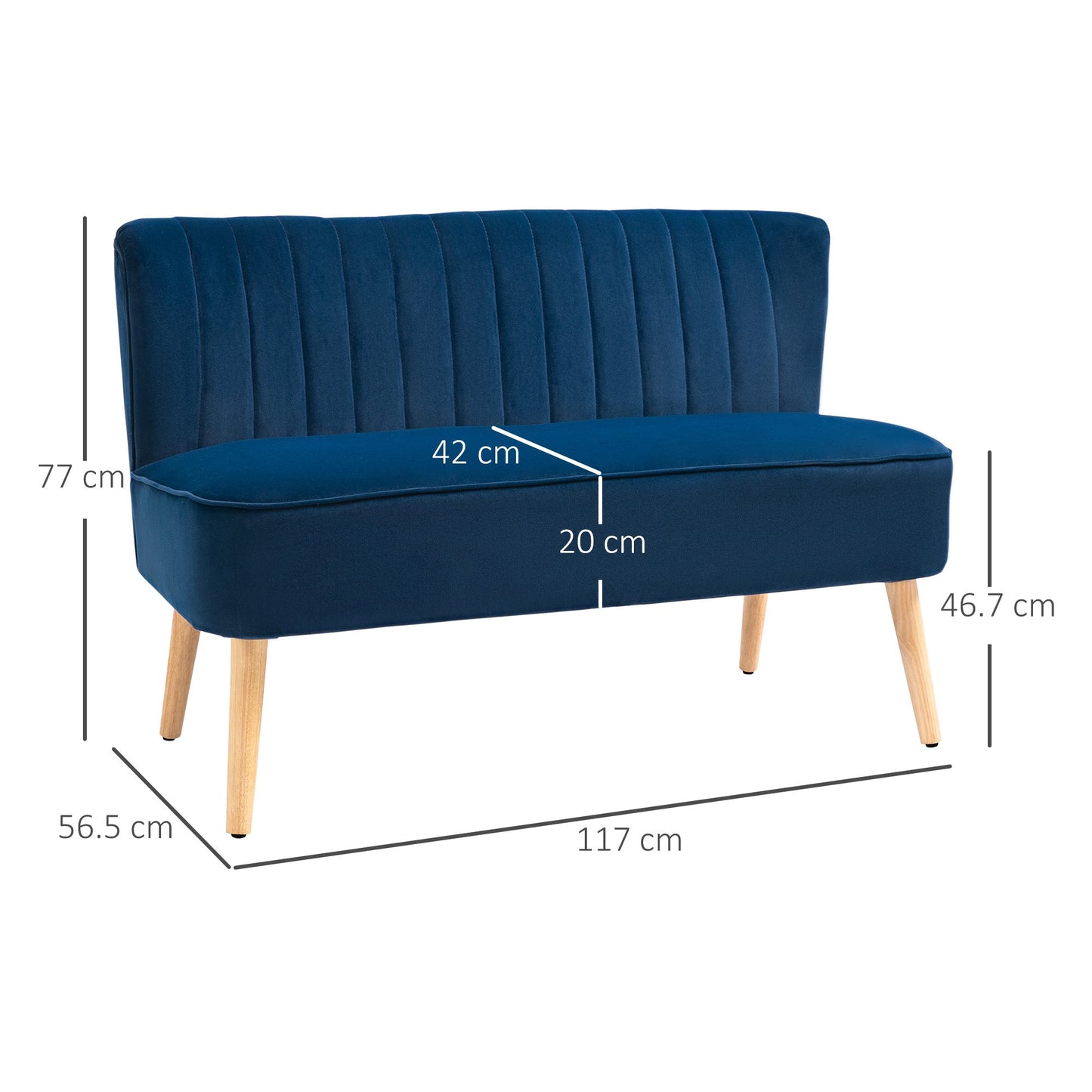HOMCOM Nowoczesna aksamitna sofa dwuosobowa z drewnianą ramą, piankowym wypełnieniem, wysokim oparciem, miękka i wygodna, kompaktowa, niebieska