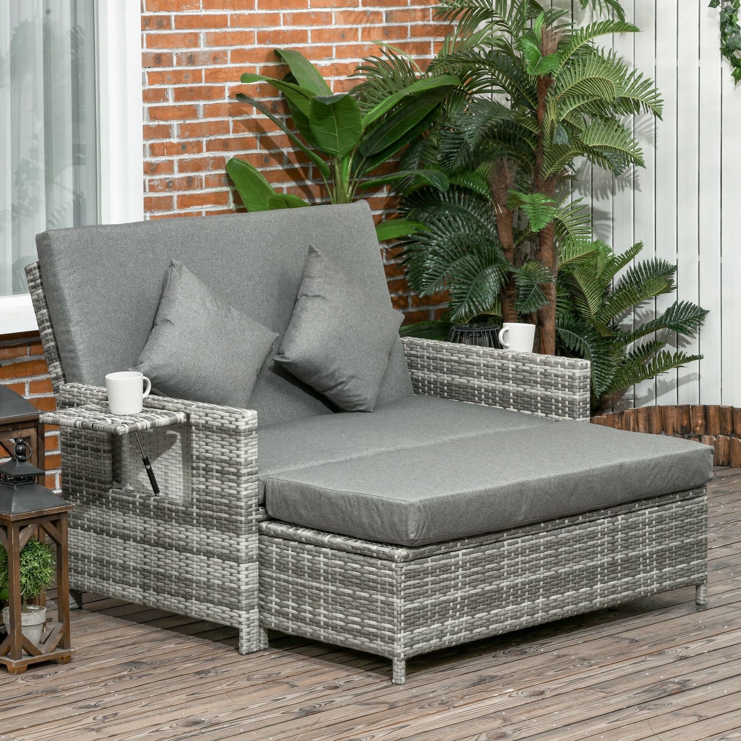 Outsunny 2-osobowa składana sofa do ogrodu, patio, meble ogrodowe z rattanu, leżak, leżanka z gąbką ognioodporną - szara