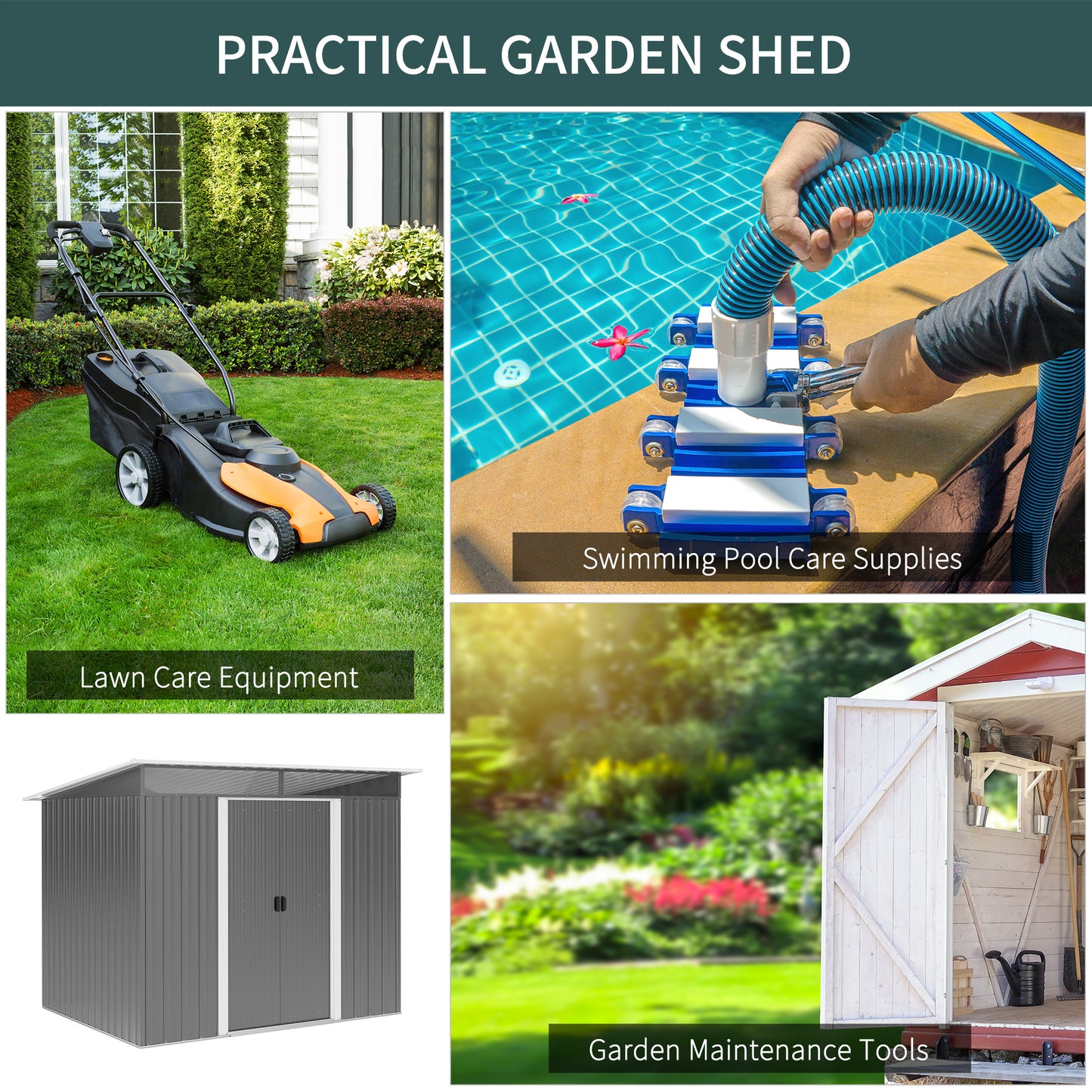 Metalowa szopa ogrodowa Outsunny Garden House Hut, przechowywanie narzędzi ogrodniczych z pochylonym dachem i wentylacją, 8,5 x 6 stóp, szara